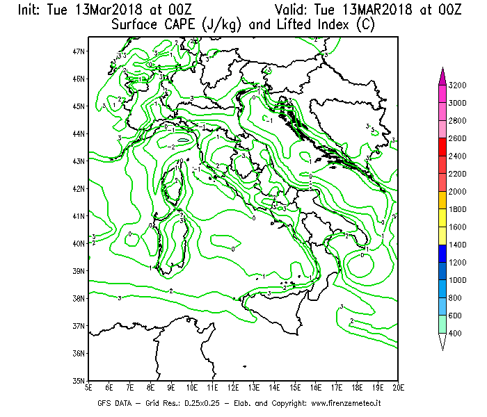 Mappa di analisi GFS - CAPE [J/kg] e Lifted Index [°C] in Italia
							del 13/03/2018 00 <!--googleoff: index-->UTC<!--googleon: index-->