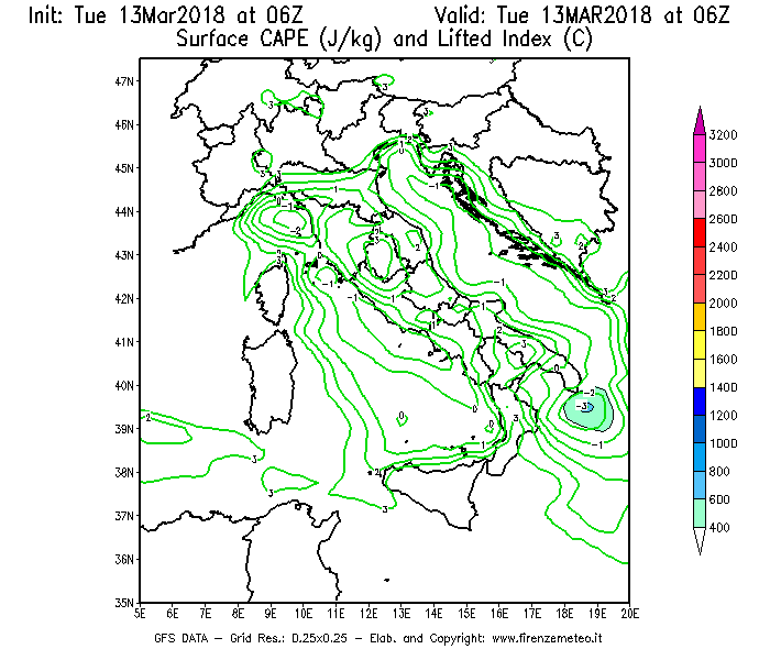 Mappa di analisi GFS - CAPE [J/kg] e Lifted Index [°C] in Italia
							del 13/03/2018 06 <!--googleoff: index-->UTC<!--googleon: index-->
