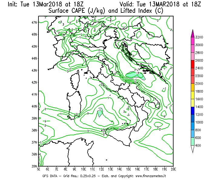 Mappa di analisi GFS - CAPE [J/kg] e Lifted Index [°C] in Italia
							del 13/03/2018 18 <!--googleoff: index-->UTC<!--googleon: index-->