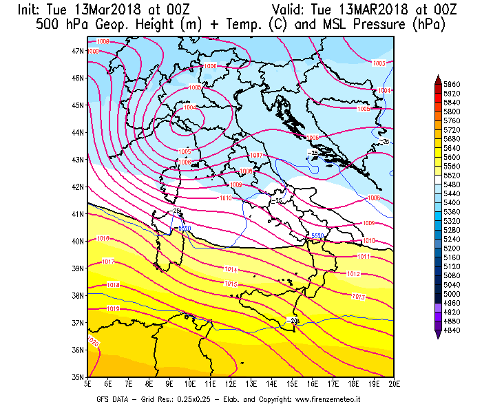 Mappa di analisi GFS - Geopotenziale [m] + Temp. [°C] a 500 hPa + Press. a livello del mare [hPa] in Italia
							del 13/03/2018 00 <!--googleoff: index-->UTC<!--googleon: index-->