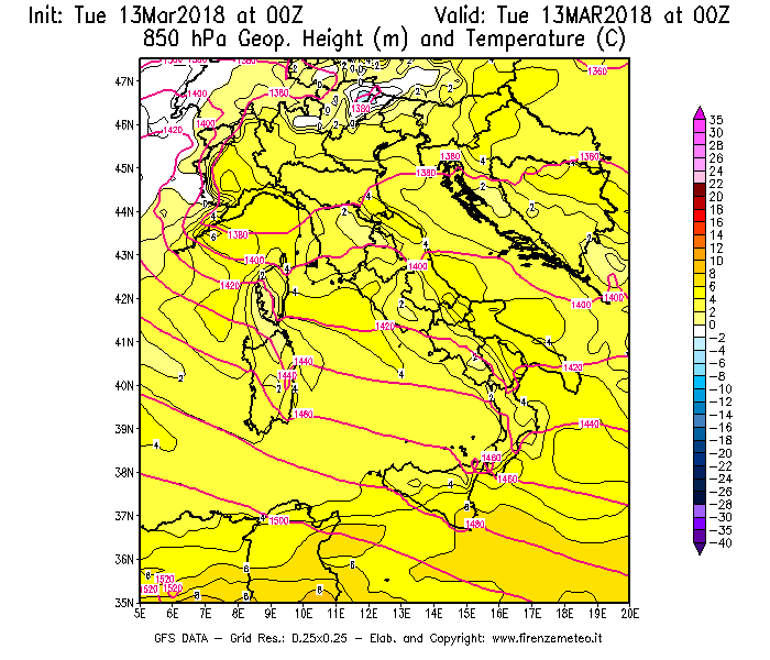 Mappa di analisi GFS - Geopotenziale [m] e Temperatura [°C] a 850 hPa in Italia
							del 13/03/2018 00 <!--googleoff: index-->UTC<!--googleon: index-->