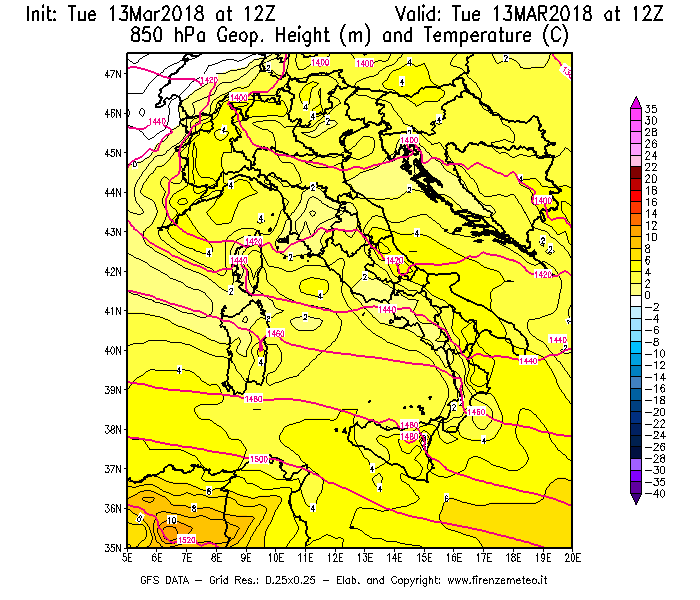 Mappa di analisi GFS - Geopotenziale [m] e Temperatura [°C] a 850 hPa in Italia
							del 13/03/2018 12 <!--googleoff: index-->UTC<!--googleon: index-->