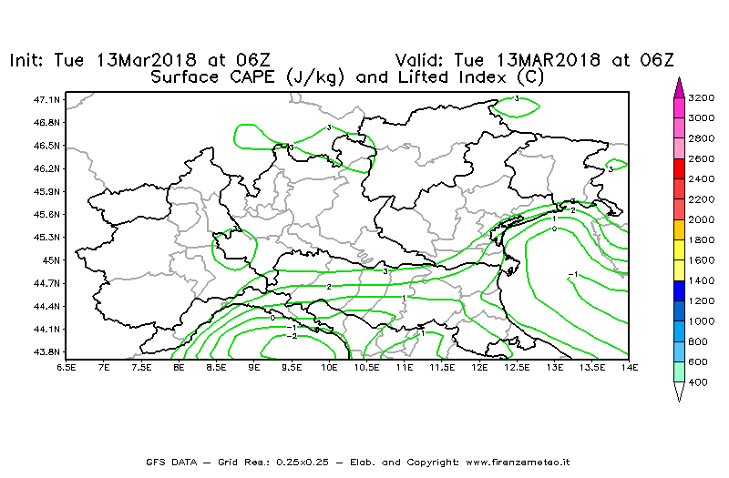 Mappa di analisi GFS - CAPE [J/kg] e Lifted Index [°C] in Nord-Italia
							del 13/03/2018 06 <!--googleoff: index-->UTC<!--googleon: index-->