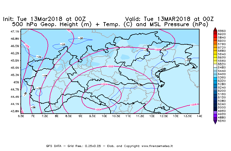 Mappa di analisi GFS - Geopotenziale [m] + Temp. [°C] a 500 hPa + Press. a livello del mare [hPa] in Nord-Italia
							del 13/03/2018 00 <!--googleoff: index-->UTC<!--googleon: index-->