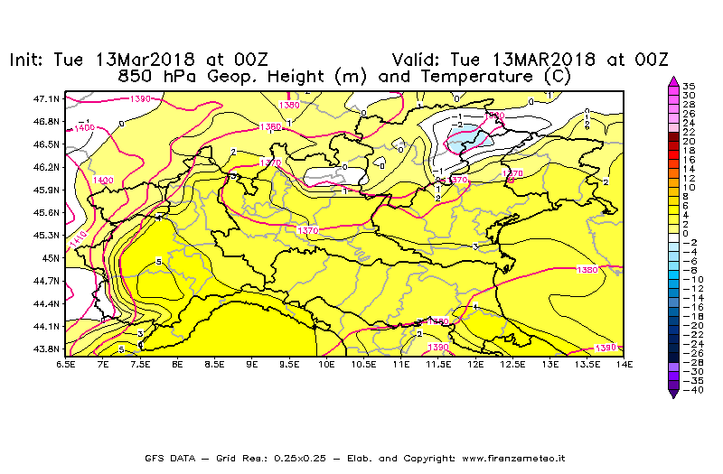 Mappa di analisi GFS - Geopotenziale [m] e Temperatura [°C] a 850 hPa in Nord-Italia
							del 13/03/2018 00 <!--googleoff: index-->UTC<!--googleon: index-->