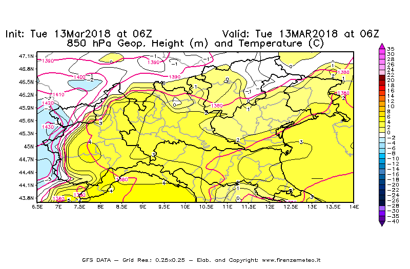 Mappa di analisi GFS - Geopotenziale [m] e Temperatura [°C] a 850 hPa in Nord-Italia
							del 13/03/2018 06 <!--googleoff: index-->UTC<!--googleon: index-->