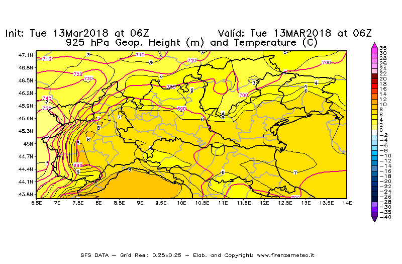Mappa di analisi GFS - Geopotenziale [m] e Temperatura [°C] a 925 hPa in Nord-Italia
							del 13/03/2018 06 <!--googleoff: index-->UTC<!--googleon: index-->
