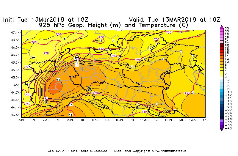 Mappa di analisi GFS - Geopotenziale [m] e Temperatura [°C] a 925 hPa in Nord-Italia
							del 13/03/2018 18 <!--googleoff: index-->UTC<!--googleon: index-->