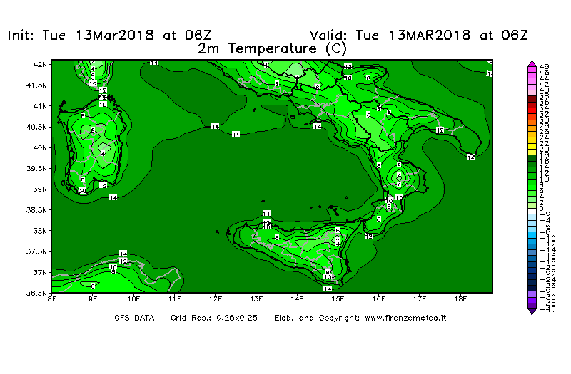 Mappa di analisi GFS - Temperatura a 2 metri dal suolo [°C] in Sud-Italia
							del 13/03/2018 06 <!--googleoff: index-->UTC<!--googleon: index-->