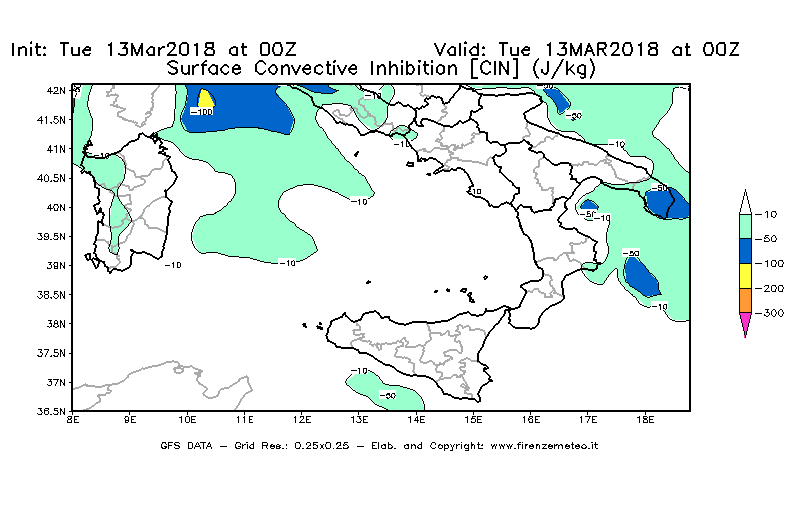 Mappa di analisi GFS - CIN [J/kg] in Sud-Italia
							del 13/03/2018 00 <!--googleoff: index-->UTC<!--googleon: index-->