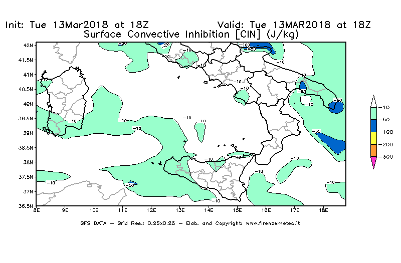 Mappa di analisi GFS - CIN [J/kg] in Sud-Italia
							del 13/03/2018 18 <!--googleoff: index-->UTC<!--googleon: index-->