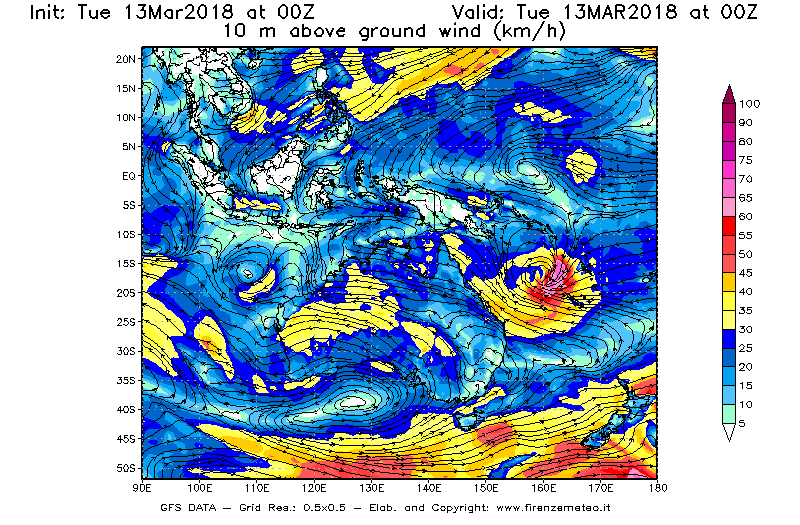 Mappa di analisi GFS - Velocità del vento a 10 metri dal suolo [km/h] in Oceania
							del 13/03/2018 00 <!--googleoff: index-->UTC<!--googleon: index-->