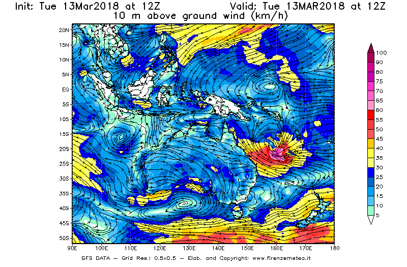 Mappa di analisi GFS - Velocità del vento a 10 metri dal suolo [km/h] in Oceania
							del 13/03/2018 12 <!--googleoff: index-->UTC<!--googleon: index-->