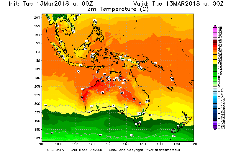 Mappa di analisi GFS - Temperatura a 2 metri dal suolo [°C] in Oceania
							del 13/03/2018 00 <!--googleoff: index-->UTC<!--googleon: index-->