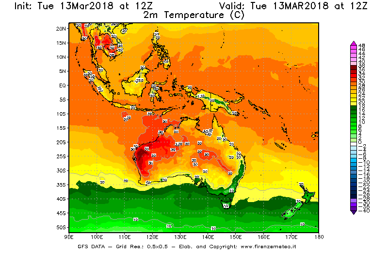 Mappa di analisi GFS - Temperatura a 2 metri dal suolo [°C] in Oceania
							del 13/03/2018 12 <!--googleoff: index-->UTC<!--googleon: index-->