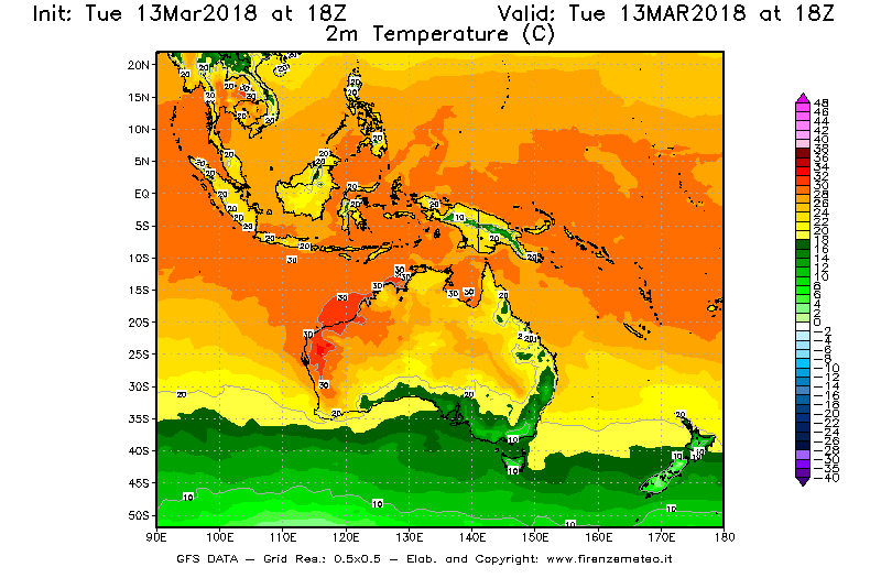 Mappa di analisi GFS - Temperatura a 2 metri dal suolo [°C] in Oceania
							del 13/03/2018 18 <!--googleoff: index-->UTC<!--googleon: index-->