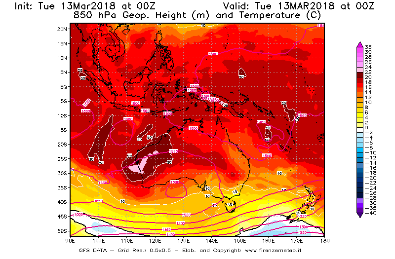 Mappa di analisi GFS - Geopotenziale [m] e Temperatura [°C] a 850 hPa in Oceania
							del 13/03/2018 00 <!--googleoff: index-->UTC<!--googleon: index-->