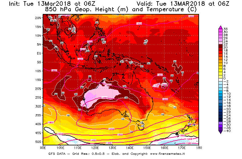 Mappa di analisi GFS - Geopotenziale [m] e Temperatura [°C] a 850 hPa in Oceania
							del 13/03/2018 06 <!--googleoff: index-->UTC<!--googleon: index-->