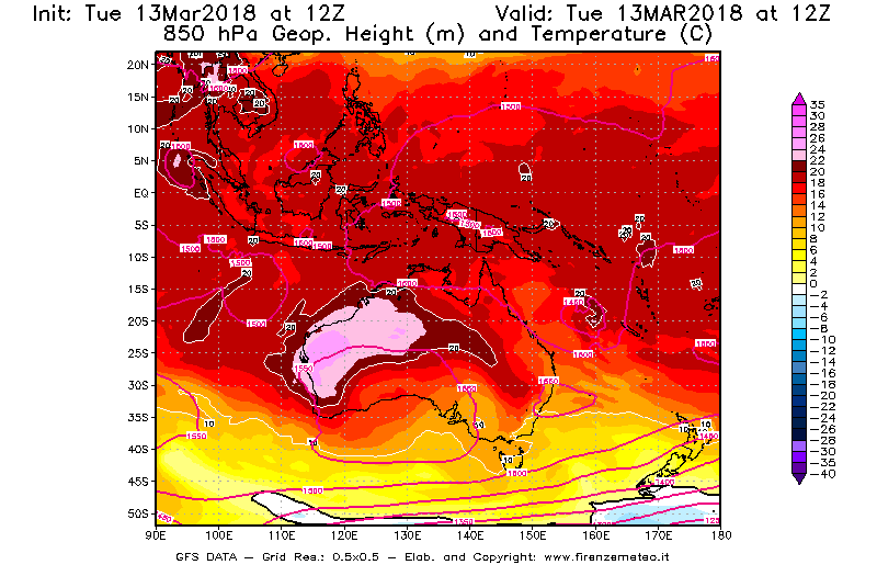 Mappa di analisi GFS - Geopotenziale [m] e Temperatura [°C] a 850 hPa in Oceania
							del 13/03/2018 12 <!--googleoff: index-->UTC<!--googleon: index-->