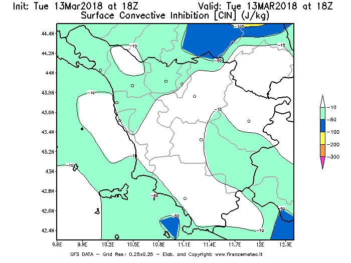 Mappa di analisi GFS - CIN [J/kg] in Toscana
							del 13/03/2018 18 <!--googleoff: index-->UTC<!--googleon: index-->