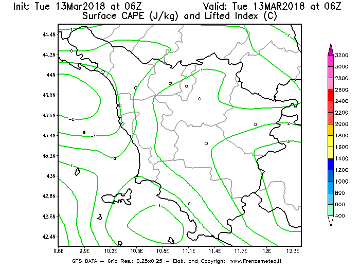 Mappa di analisi GFS - CAPE [J/kg] e Lifted Index [°C] in Toscana
							del 13/03/2018 06 <!--googleoff: index-->UTC<!--googleon: index-->