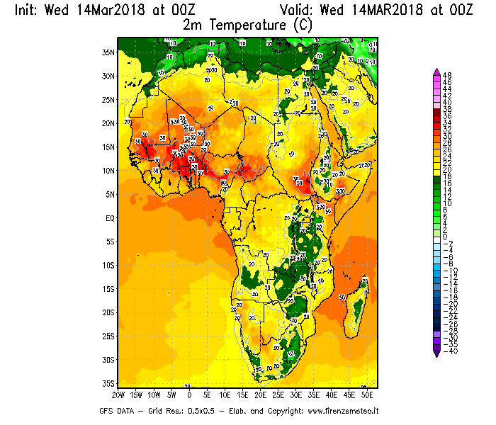 Mappa di analisi GFS - Temperatura a 2 metri dal suolo [°C] in Africa
							del 14/03/2018 00 <!--googleoff: index-->UTC<!--googleon: index-->