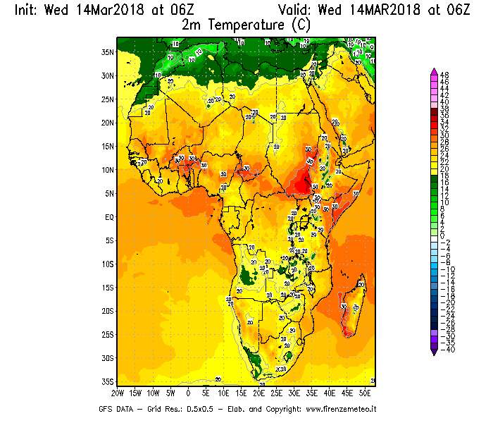 Mappa di analisi GFS - Temperatura a 2 metri dal suolo [°C] in Africa
							del 14/03/2018 06 <!--googleoff: index-->UTC<!--googleon: index-->
