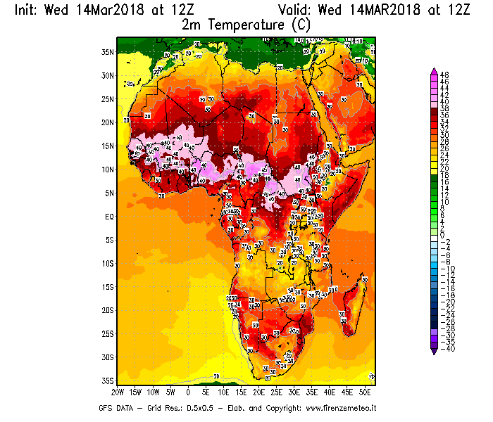 Mappa di analisi GFS - Temperatura a 2 metri dal suolo [°C] in Africa
							del 14/03/2018 12 <!--googleoff: index-->UTC<!--googleon: index-->