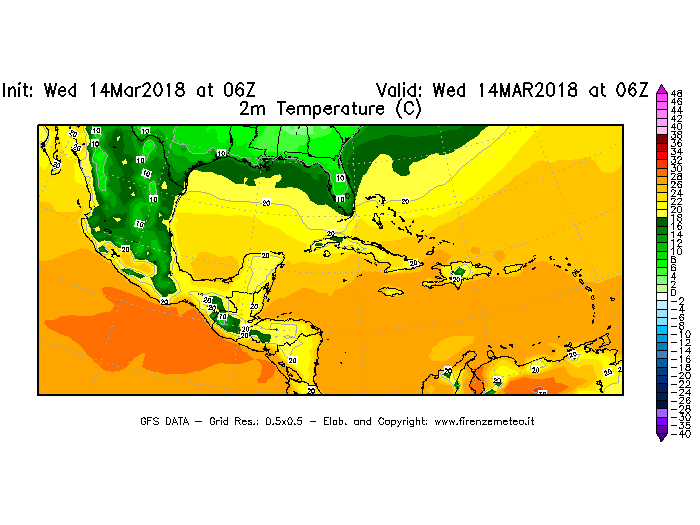 Mappa di analisi GFS - Temperatura a 2 metri dal suolo [°C] in Centro-America
									del 14/03/2018 06 <!--googleoff: index-->UTC<!--googleon: index-->
