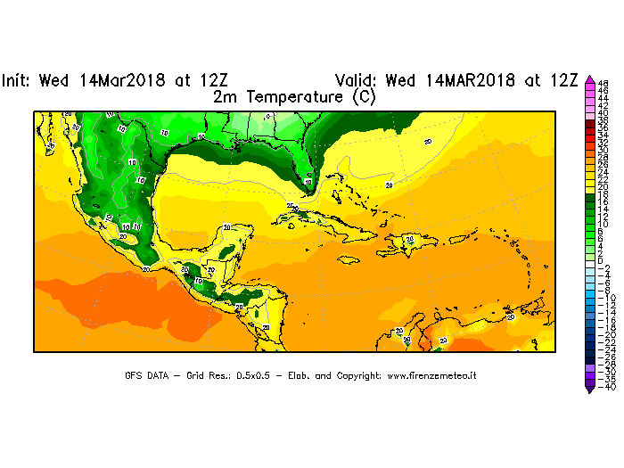 Mappa di analisi GFS - Temperatura a 2 metri dal suolo [°C] in Centro-America
									del 14/03/2018 12 <!--googleoff: index-->UTC<!--googleon: index-->