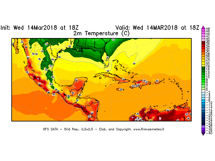 Mappa di analisi GFS - Temperatura a 2 metri dal suolo [°C] in Centro-America
							del 14/03/2018 18 <!--googleoff: index-->UTC<!--googleon: index-->