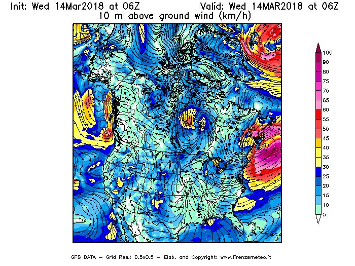 Mappa di analisi GFS - Velocità del vento a 10 metri dal suolo [km/h] in Nord-America
									del 14/03/2018 06 <!--googleoff: index-->UTC<!--googleon: index-->