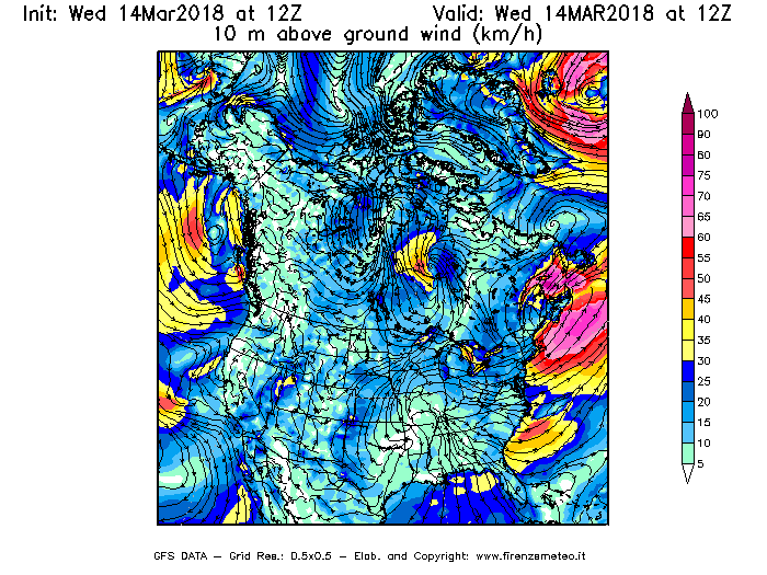 Mappa di analisi GFS - Velocità del vento a 10 metri dal suolo [km/h] in Nord-America
							del 14/03/2018 12 <!--googleoff: index-->UTC<!--googleon: index-->