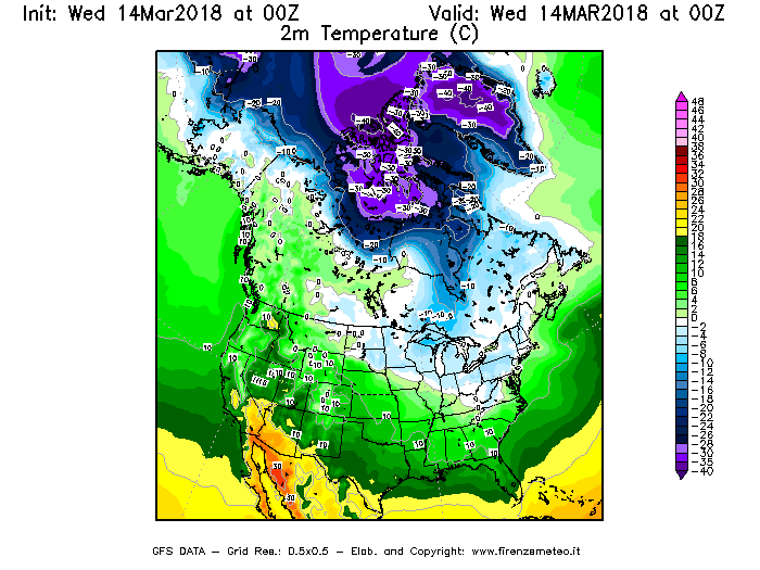 Mappa di analisi GFS - Temperatura a 2 metri dal suolo [°C] in Nord-America
									del 14/03/2018 00 <!--googleoff: index-->UTC<!--googleon: index-->