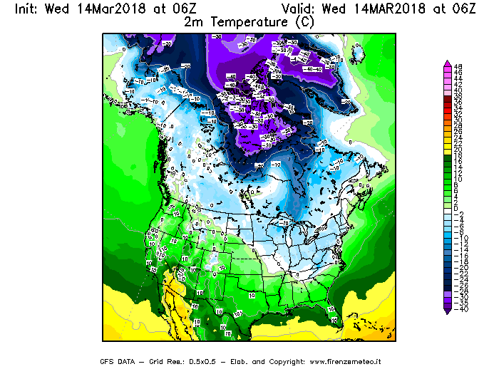 Mappa di analisi GFS - Temperatura a 2 metri dal suolo [°C] in Nord-America
							del 14/03/2018 06 <!--googleoff: index-->UTC<!--googleon: index-->