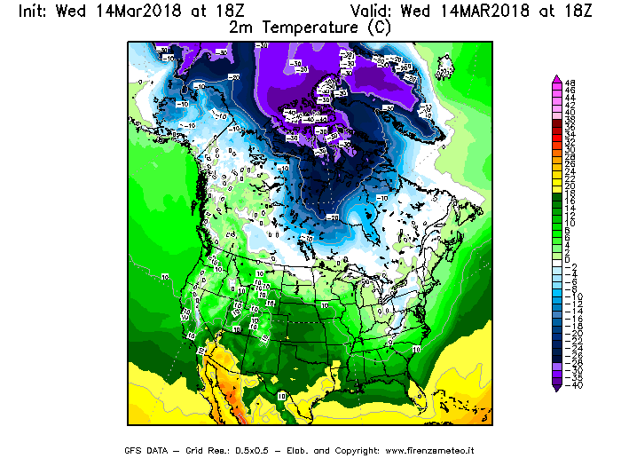 Mappa di analisi GFS - Temperatura a 2 metri dal suolo [°C] in Nord-America
							del 14/03/2018 18 <!--googleoff: index-->UTC<!--googleon: index-->