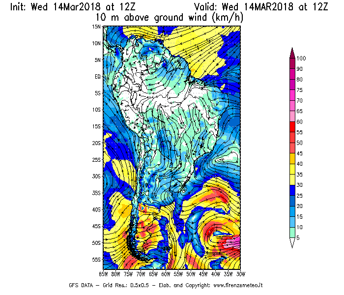 Mappa di analisi GFS - Velocità del vento a 10 metri dal suolo [km/h] in Sud-America
									del 14/03/2018 12 <!--googleoff: index-->UTC<!--googleon: index-->