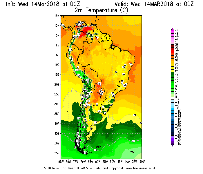 Mappa di analisi GFS - Temperatura a 2 metri dal suolo [°C] in Sud-America
									del 14/03/2018 00 <!--googleoff: index-->UTC<!--googleon: index-->