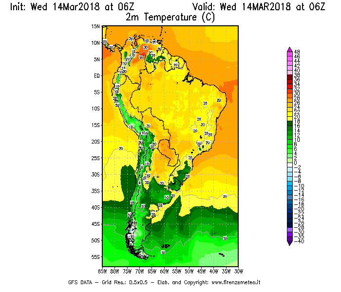 Mappa di analisi GFS - Temperatura a 2 metri dal suolo [°C] in Sud-America
							del 14/03/2018 06 <!--googleoff: index-->UTC<!--googleon: index-->