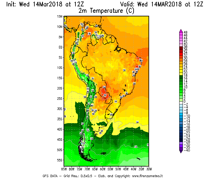 Mappa di analisi GFS - Temperatura a 2 metri dal suolo [°C] in Sud-America
									del 14/03/2018 12 <!--googleoff: index-->UTC<!--googleon: index-->