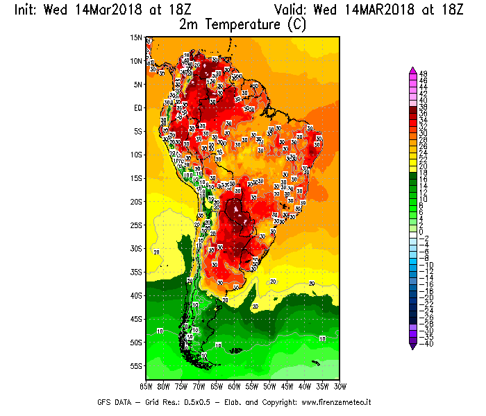 Mappa di analisi GFS - Temperatura a 2 metri dal suolo [°C] in Sud-America
									del 14/03/2018 18 <!--googleoff: index-->UTC<!--googleon: index-->