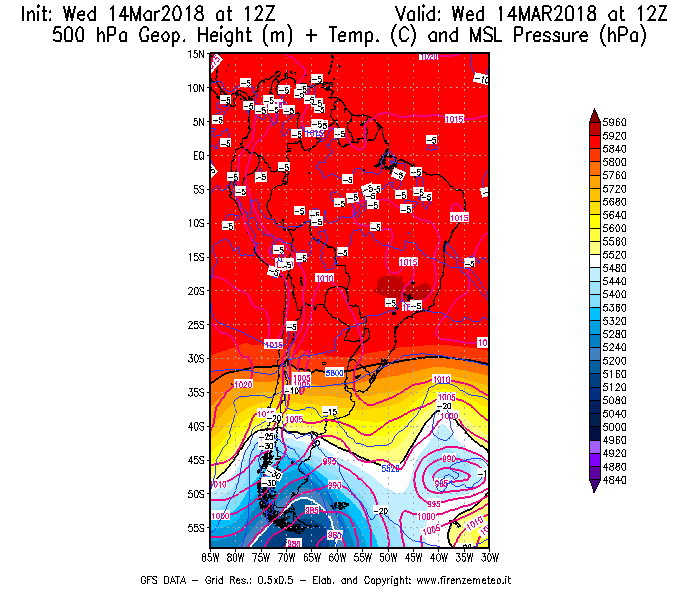 Mappa di analisi GFS - Geopotenziale [m] + Temp. [°C] a 500 hPa + Press. a livello del mare [hPa] in Sud-America
							del 14/03/2018 12 <!--googleoff: index-->UTC<!--googleon: index-->