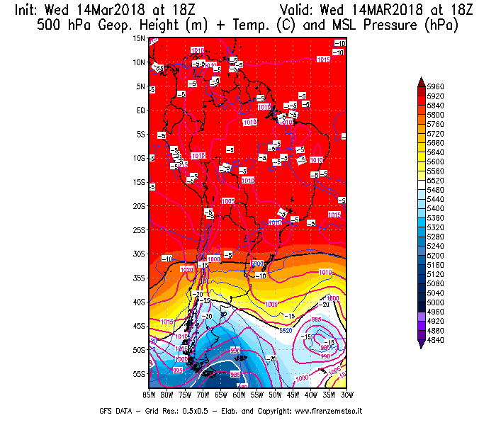Mappa di analisi GFS - Geopotenziale [m] + Temp. [°C] a 500 hPa + Press. a livello del mare [hPa] in Sud-America
									del 14/03/2018 18 <!--googleoff: index-->UTC<!--googleon: index-->