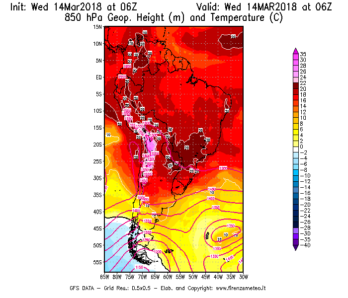 Mappa di analisi GFS - Geopotenziale [m] e Temperatura [°C] a 850 hPa in Sud-America
							del 14/03/2018 06 <!--googleoff: index-->UTC<!--googleon: index-->