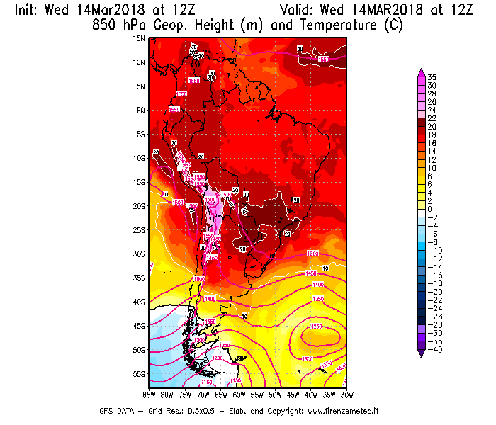 Mappa di analisi GFS - Geopotenziale [m] e Temperatura [°C] a 850 hPa in Sud-America
									del 14/03/2018 12 <!--googleoff: index-->UTC<!--googleon: index-->