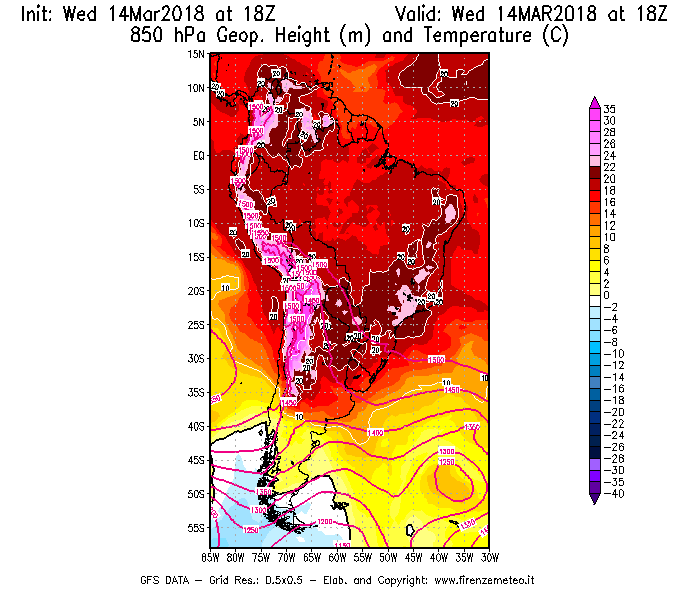 Mappa di analisi GFS - Geopotenziale [m] e Temperatura [°C] a 850 hPa in Sud-America
							del 14/03/2018 18 <!--googleoff: index-->UTC<!--googleon: index-->