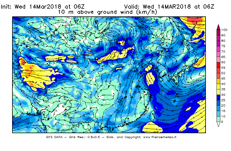 Mappa di analisi GFS - Velocità del vento a 10 metri dal suolo [km/h] in Asia Orientale
							del 14/03/2018 06 <!--googleoff: index-->UTC<!--googleon: index-->