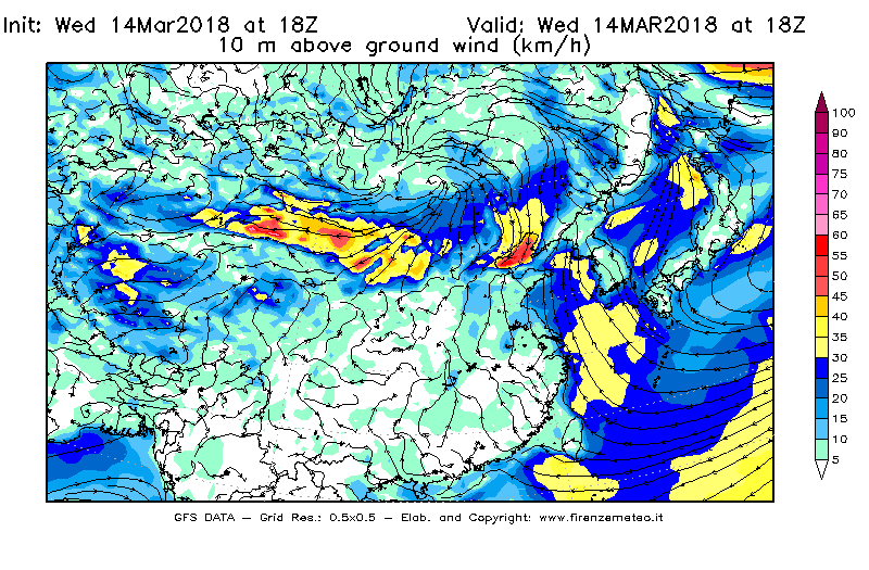 Mappa di analisi GFS - Velocità del vento a 10 metri dal suolo [km/h] in Asia Orientale
							del 14/03/2018 18 <!--googleoff: index-->UTC<!--googleon: index-->