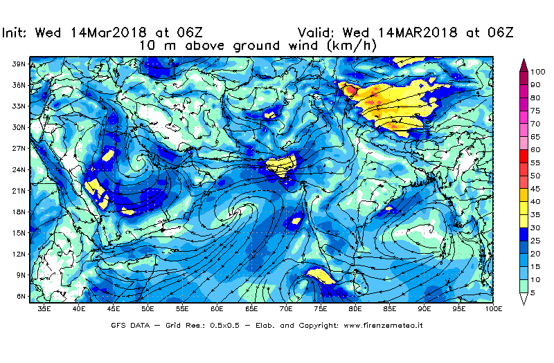 Mappa di analisi GFS - Velocità del vento a 10 metri dal suolo [km/h] in Asia Sud-Occidentale
									del 14/03/2018 06 <!--googleoff: index-->UTC<!--googleon: index-->