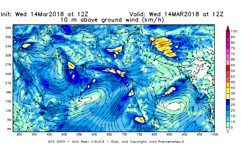 Mappa di analisi GFS - Velocità del vento a 10 metri dal suolo [km/h] in Asia Sud-Occidentale
									del 14/03/2018 12 <!--googleoff: index-->UTC<!--googleon: index-->